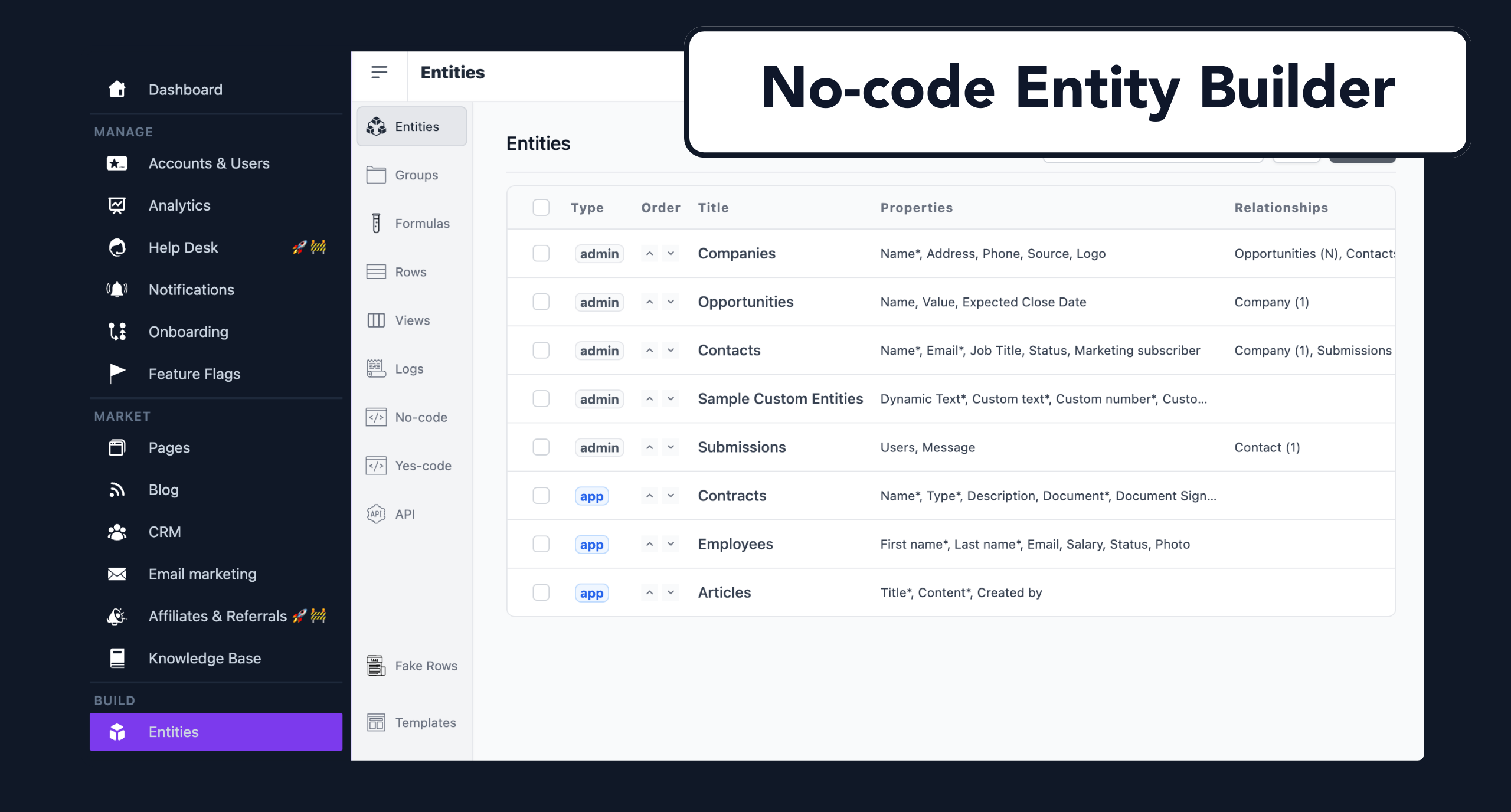 SaasRock No-code Entity Builder